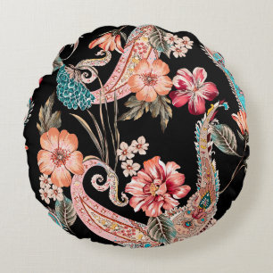 Ethnic flowers and leaves with paisley vintage ele round pillow