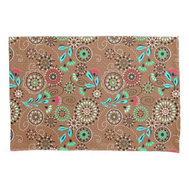 Ethnic folk abstract floral pattern retro brown pillow case (Front)