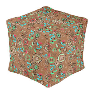 Ethnic folk abstract floral pattern retro brown pouf