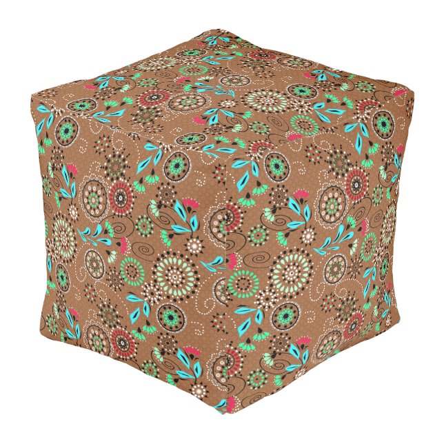 Ethnic folk abstract floral pattern retro brown pouf (Angled Back)