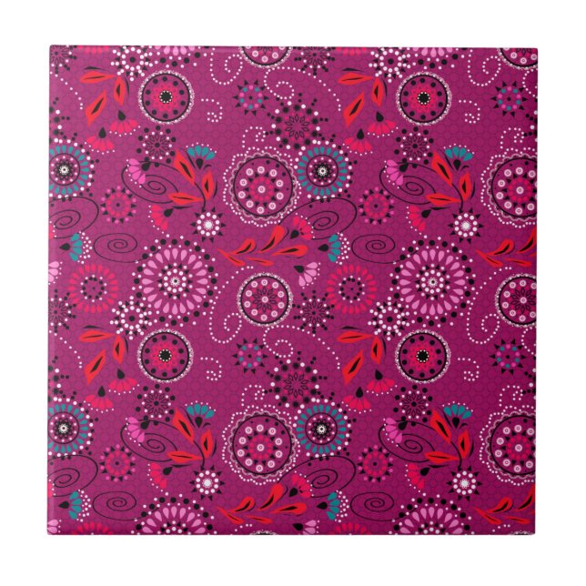 Ethnic folk abstract floral pattern retro crimson  ceramic tile (Front)