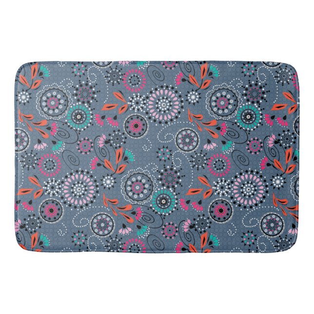 Ethnic folk abstract floral pattern retro gray blu bath mat (Front)