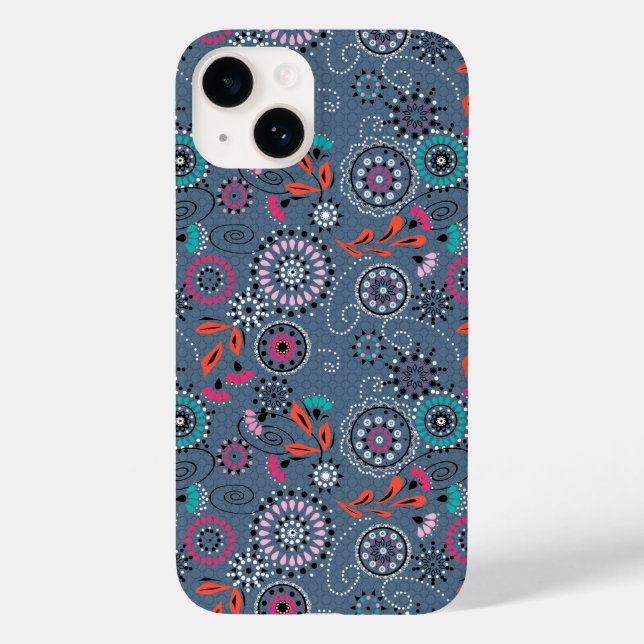 Ethnic folk abstract floral pattern retro gray blu Case-Mate iPhone case (Back)