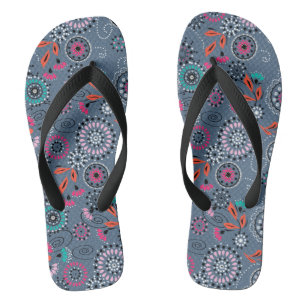 Ethnic folk abstract floral pattern retro gray blu flip flops