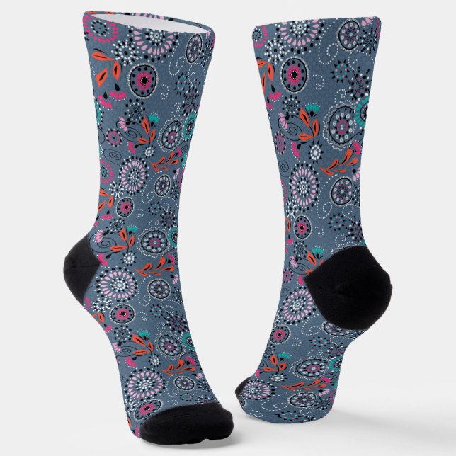 Ethnic folk abstract floral pattern retro gray blu socks (Angled)