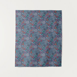 Ethnic folk abstract floral pattern retro gray blu tapestry