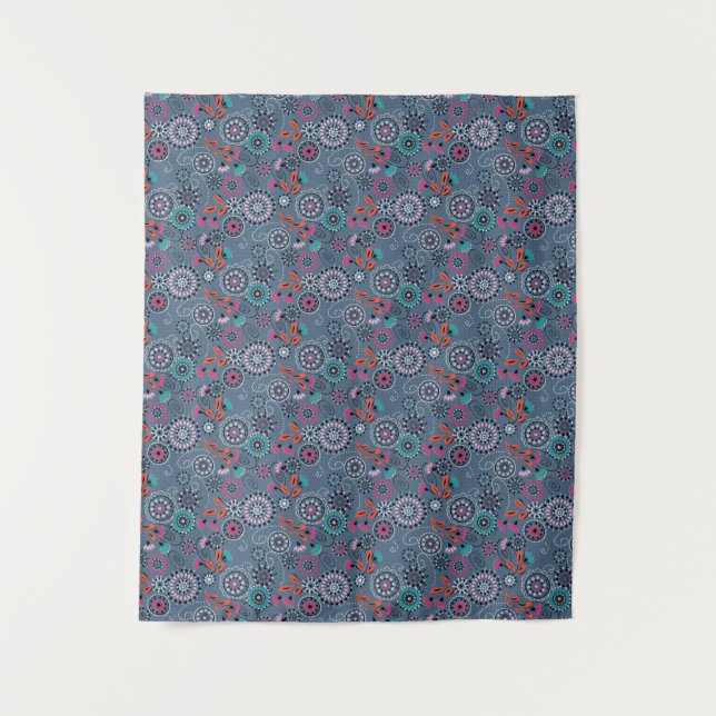 Ethnic folk abstract floral pattern retro gray blu tapestry (Front)