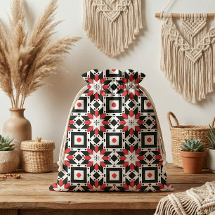 Ethnic Folk Art Red Black White Geometric Pattern Fabric