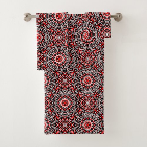 Ethnic Folk Bohemian Red Black and White Pattern Bath Towel Set