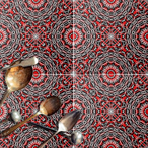 Ethnic Folk Bohemian Red Black and White Pattern Ceramic Tile