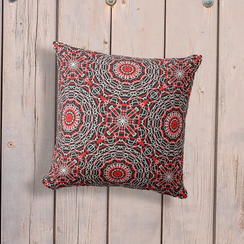 Ethnic Folk Bohemian Red Black and White Pattern  Outdoor Pillow