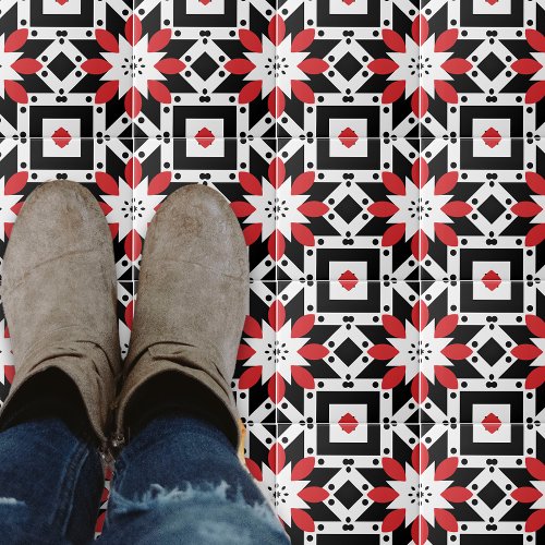 Ethnic Folk Boho Red Black White Geometric Pattern Ceramic Tile