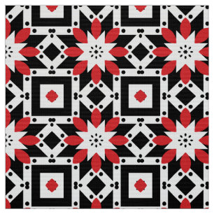 Ethnic Folk Boho Red Black White Geometric Pattern Fabric
