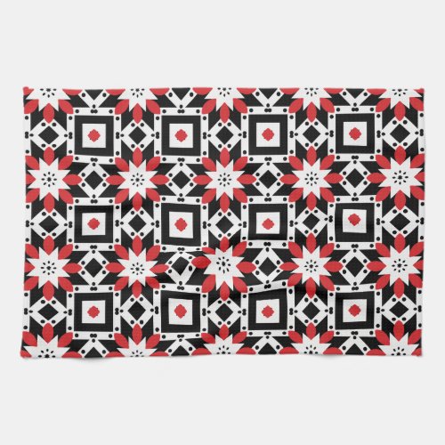 Ethnic Folk Boho Red Black White Geometric Pattern Kitchen Towel