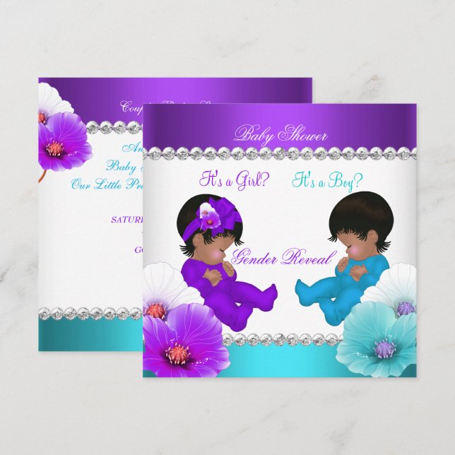 Ethnic Gender Reveal Baby Shower Purple Teal Blue Invitation (Front/Back)