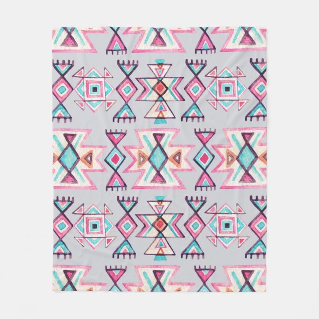 Ethnic geometric, watercolor tribal pattern. fleece blanket (Front)