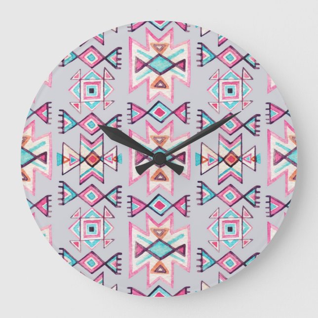 Ethnic geometric, watercolor tribal pattern. large clock (Front)