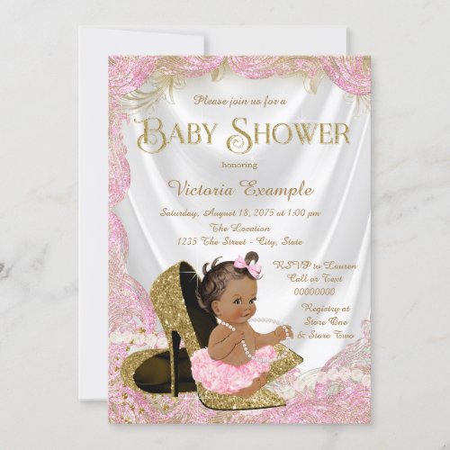 Ethnic Girl High Heel Shoe Pink Gold Baby Shower Invitation