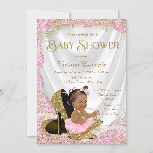 Ethnic Girl High Heel Shoe Pink Gold Baby Shower Invitation (Front)