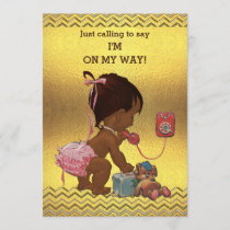 Ethnic Girl on Phone Baby Shower Gold Chevrons Invitation