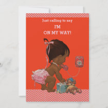 Ethnic Girl on Phone Baby Shower Red Pink Chevrons Invitation