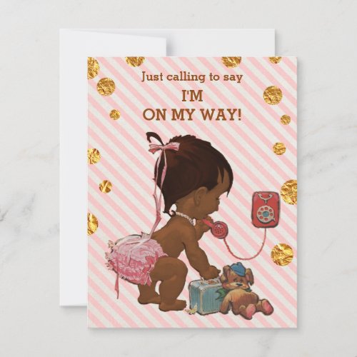 Ethnic Girl On Phone Stripes Gold Dots Baby Shower Invitation