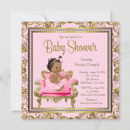 Ethnic Girl Pink Gold Chair Tutu Baby Shower Invitation