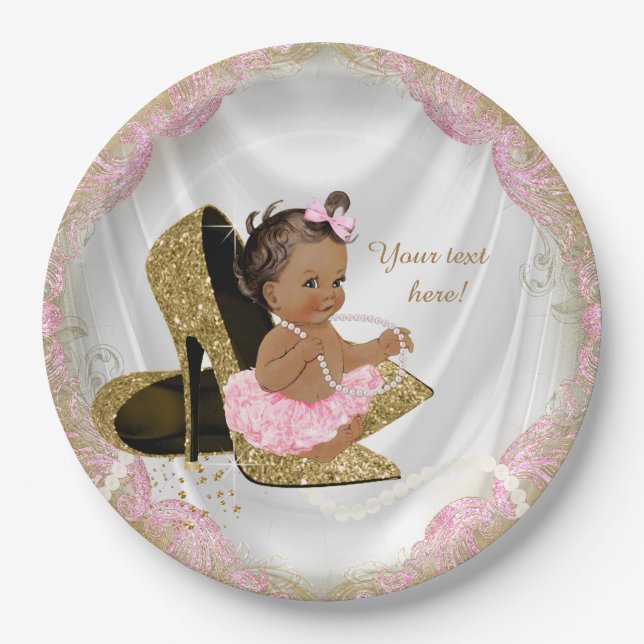 Ethnic Girl Pink Gold High Heel Baby Shower Paper Plates (Front)
