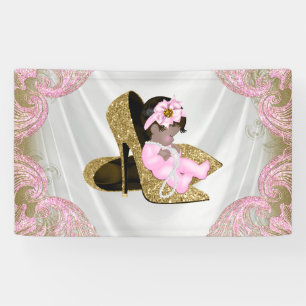 Ethnic Girl Pink Gold High Heel Shoe Baby Shower Banner