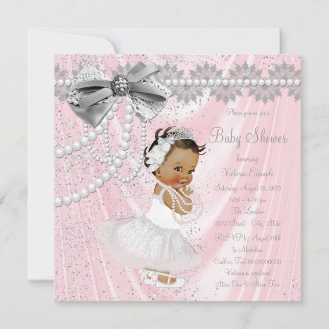 Ethnic Girl Pink Gray Satin Pearl Baby Shower Invitation (Front)