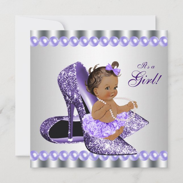 Ethnic Girl Purple Gray High Heel Shoe Baby Shower Invitation (Front)