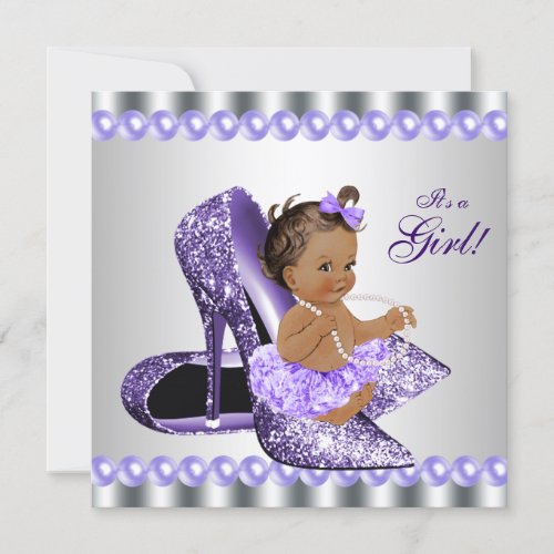 Ethnic Girl Purple Gray High Heel Shoe Baby Shower Invitation