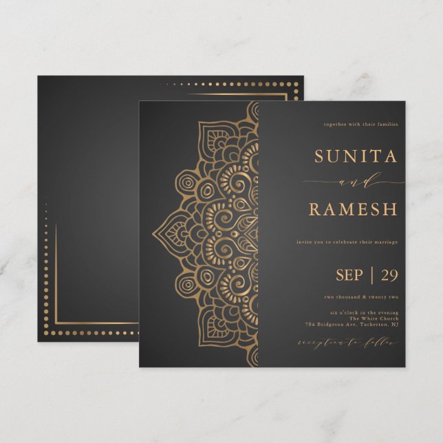 Ethnic Gray & Gold Mandala Elegant Indian Wedding Invitation (Front/Back)