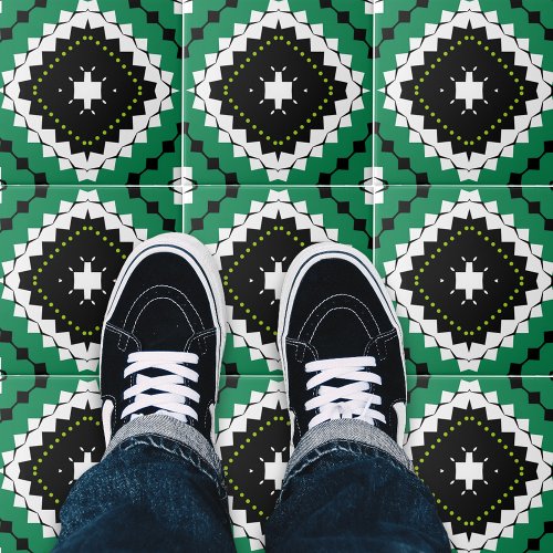  Ethnic Green Black And White Geometric Pattern Ceramic Tile