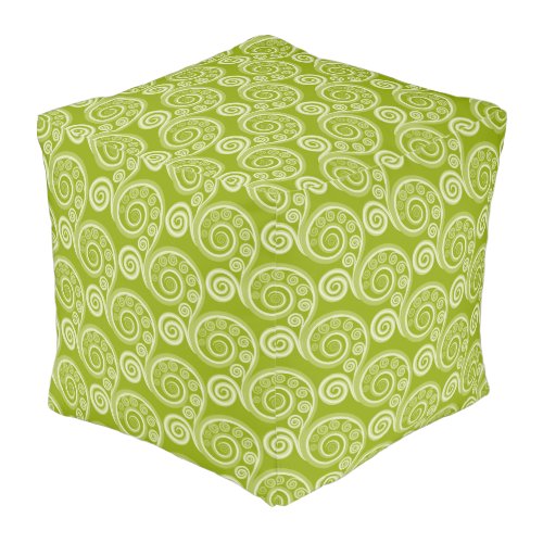 Ethnic Green Fern Frond Curls Pattern Pouf