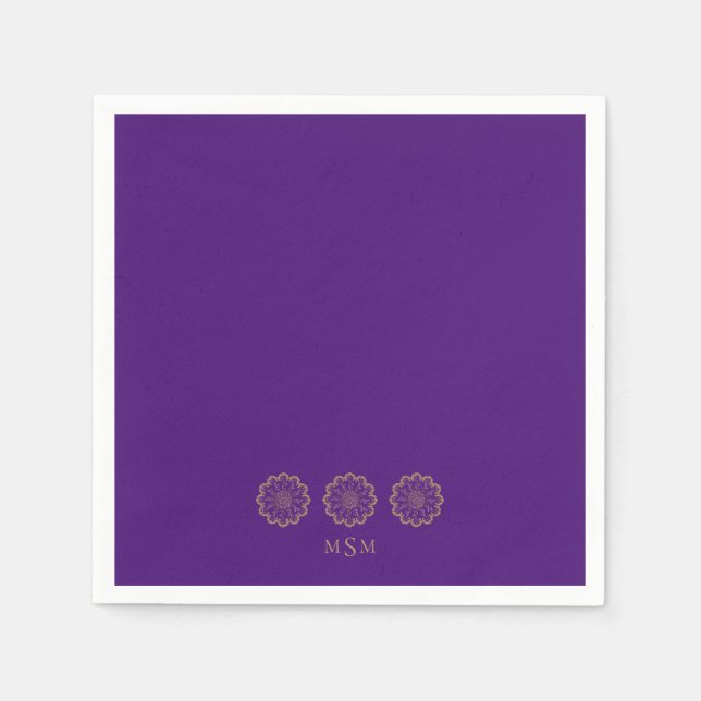 Ethnic Hindu Purple & Gold Monogram Cocktail Napkins (Front)