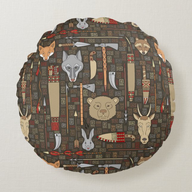 Ethnic Hunting Pattern Round Pillow (Front)