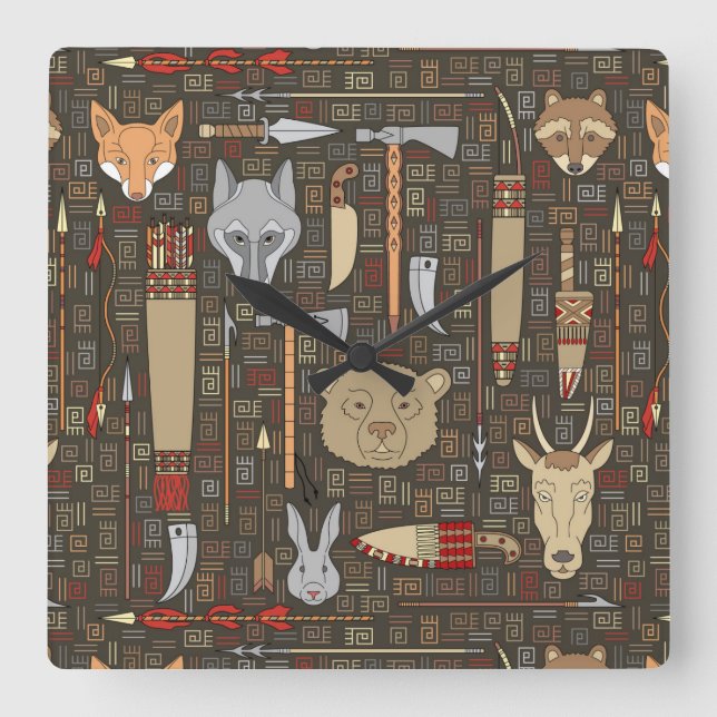 Ethnic Hunting Pattern Square Wall Clock (Front)