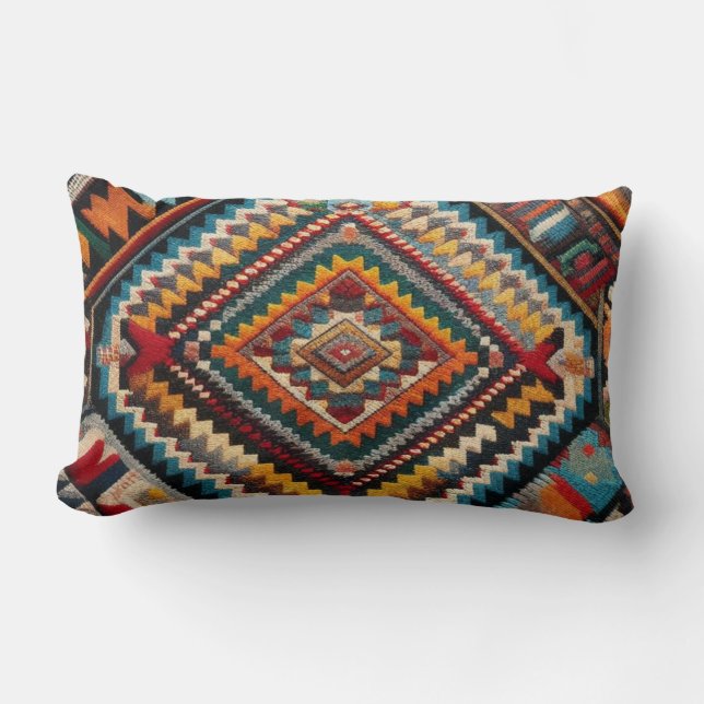 Ethnic Kilim Turkish Anatolian Geometric Farmhouse Lumbar Pillow (Front)