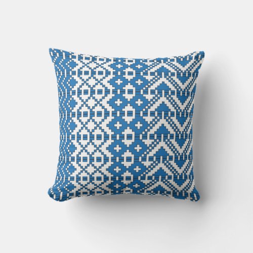 Ethnic Latvian blue and white folk art pattern Throw Pillow