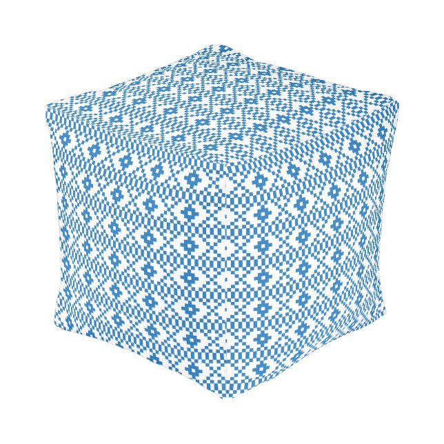 Ethnic Latvian blue and white tribal folk art Pouf (Angled Front)