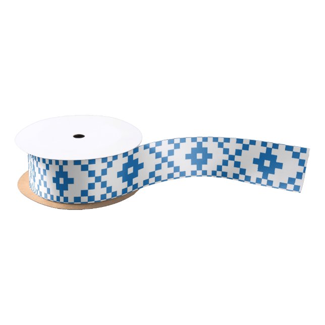 Ethnic Latvian blue and white tribal folk art Satin Ribbon (Spool)