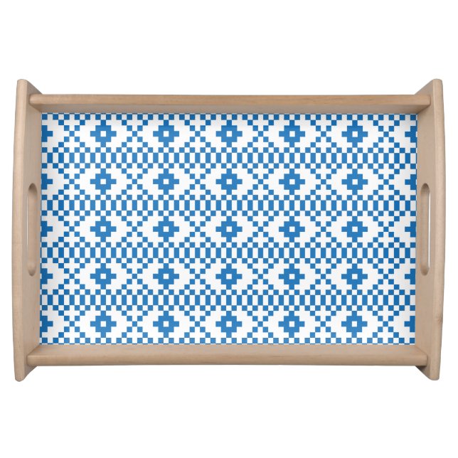 Ethnic Latvian blue and white tribal folk art Serving Tray (Front)