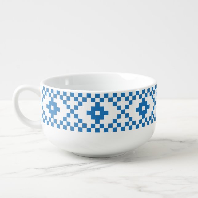 Ethnic Latvian blue and white tribal folk art Soup Mug (Right)