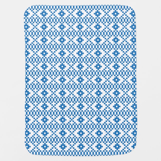 Ethnic Latvian blue and white tribal folk art Swaddle Blanket (Front)