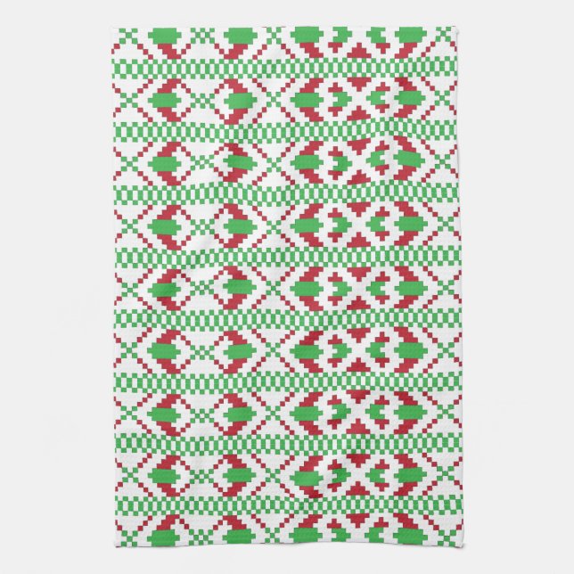 Ethnic Latvian green and red tribal folk art Kitchen Towel (Vertical)