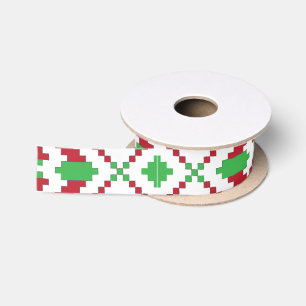 Ethnic Latvian green and red tribal folk art Satin Ribbon