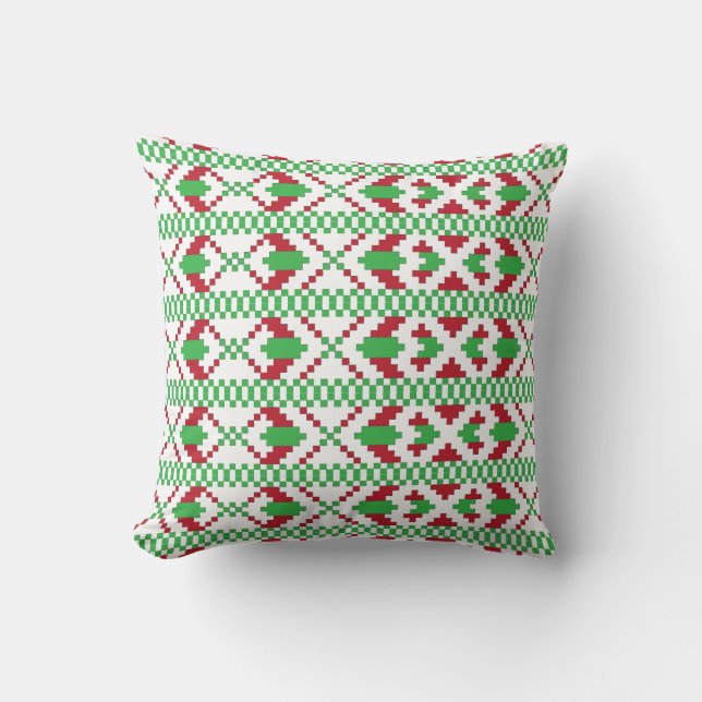 Ethnic Latvian green and red tribal folk art Throw Pillow (Front)