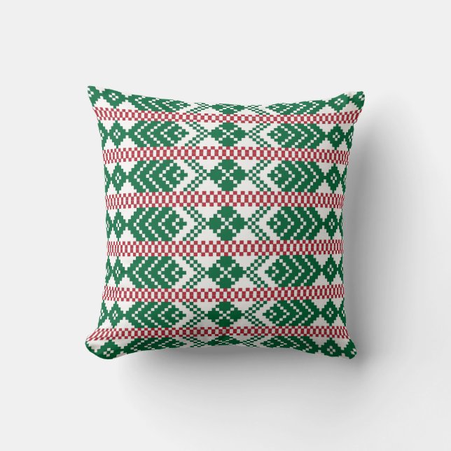 Ethnic Latvian green and red tribal pattern Throw Pillow (Front)