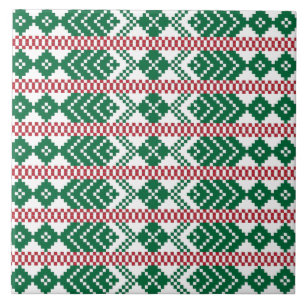 Ethnic Latvian green and red tribal pattern Tile